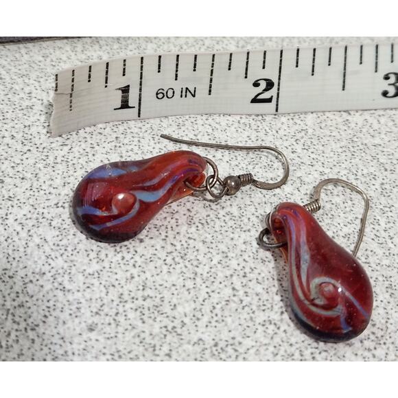 Red Blue Glass Teardrop Fish Hook Dangle Earrings Lightweight - Picture 3 of 4